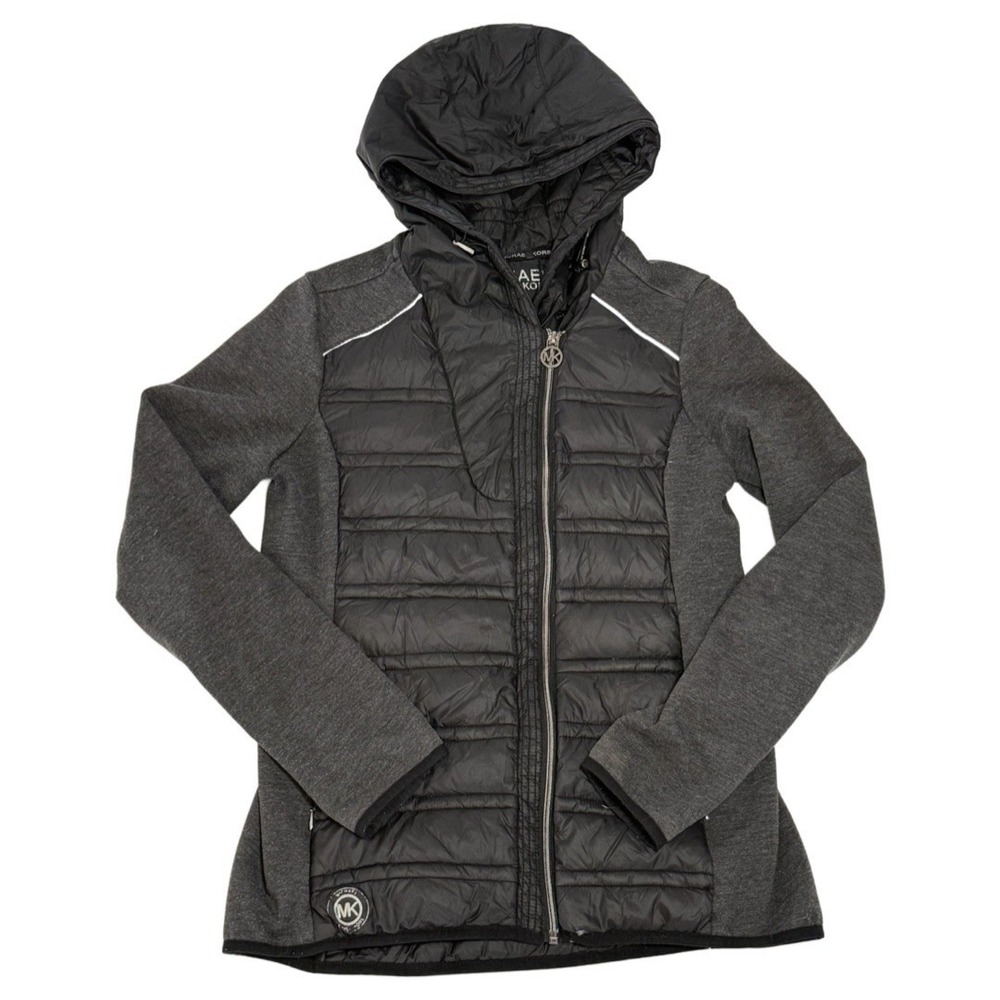 Michael Kors Black Knit-Sleeve Puffer Coat Hooded Zip Up‎ Women's Size Small